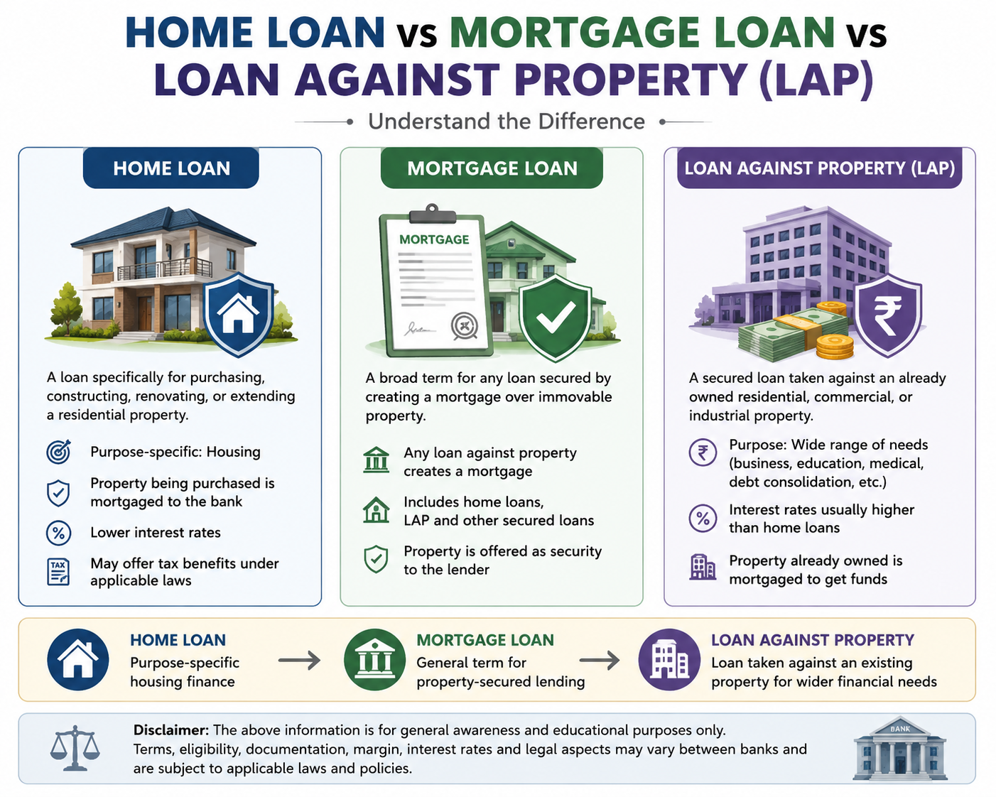 Understanding the Difference Between a Home Loan, Mortgage Loan, and Loan Against Property (LAP)