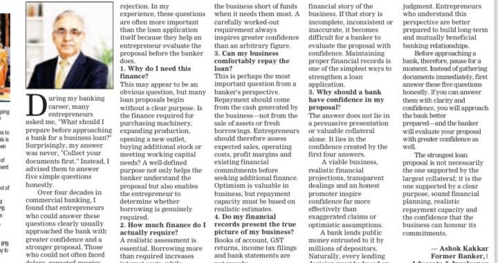 Article Published in YugMarg: Five Questions Every Entrepreneur Should Answer Before Approaching a Bank